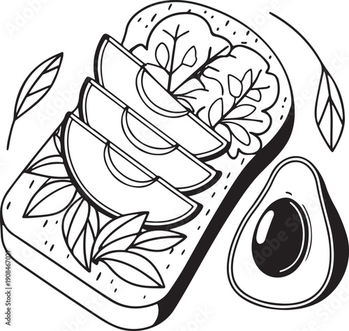 Healthy snack silhouette vector illustration, minimalist avocado toast smoothie bowl fruit platter flat design isolated transparent background for commercial use