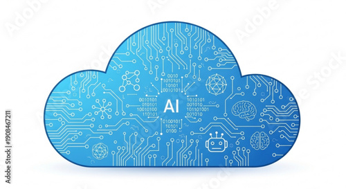 Blue cloud icon with ai circuit board design on white background for tech and innovation concepts
