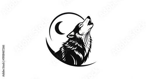 Silhouette wolf howling at crescent moon