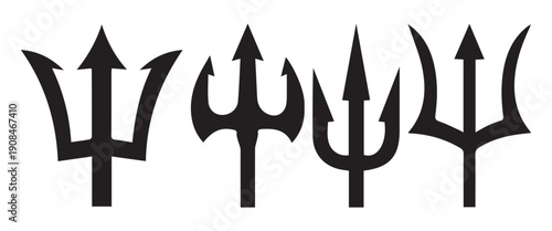 Black Trident Icon Set – Trishul and Pitchfork Religious & Mythical Symbol Vector Illustration Collection