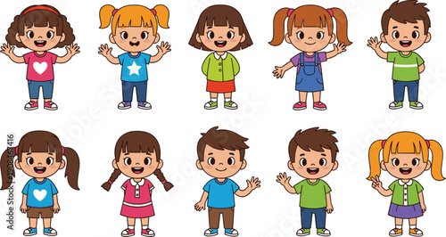 Children cartoon illustration set, ten kids colorful outfits hairstyles smiling waving diversity clothing symbols hearts stars, vector artwork, childhood and education theme, isolated background