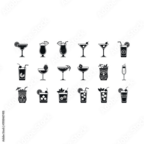 A collection of various cocktail glasses and drinks with garnishes on a white background illustration.