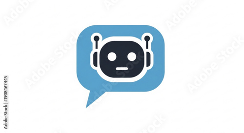 Robot head in a blue speech bubble on a white background representing artificial intelligence and communication