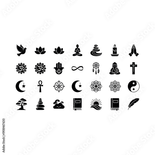Illustration of various spiritual and religious symbols on a white background