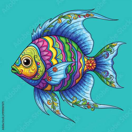 Colorful tropical fish illustration with floral patterns and vibrant fins