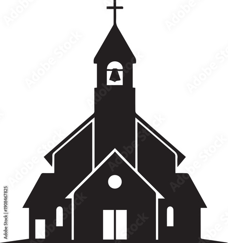 Simple church building silhouette vector illustration with steeple and cross design