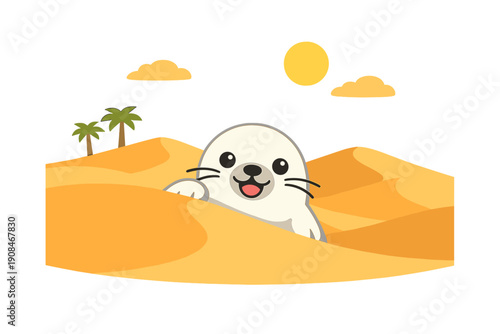 A cute seal suddenly emerges from a backdrop of golden desert dunes