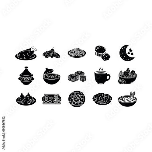 A collection of various food and drink illustrations on a plate and bowl.