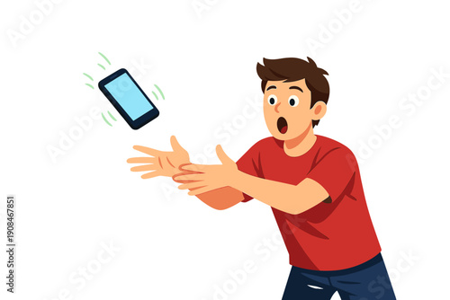 A surprised man catching a falling smartphone in a studio with a green background