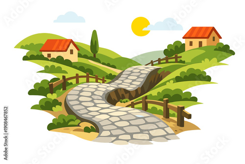 The narrow cobbled way undulates unexpectedly, highlighting th