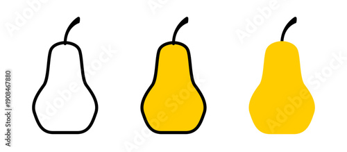 Basic Yellow Pear Icon Set with Outline Contour and Flat Solid Styles. Vector Image.