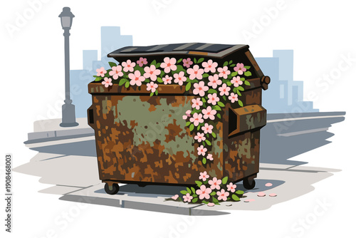 Urban Bloom: A rusty trash bin, surprisingly decorated with delicate pink blossoms, rests on a city sidewalk, highlighting the stark contrast between nature and urban decay