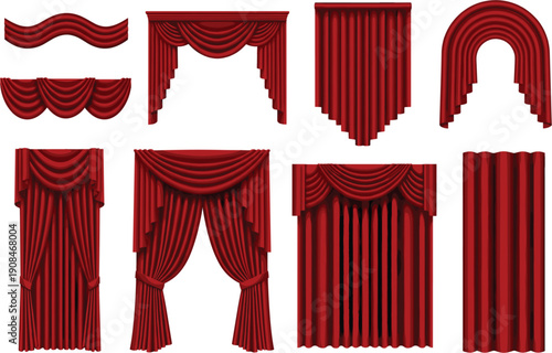 Elegant red stage curtains and luxury theater drapes set with various styles for cinema performance show grand opening and classic award ceremony background design.