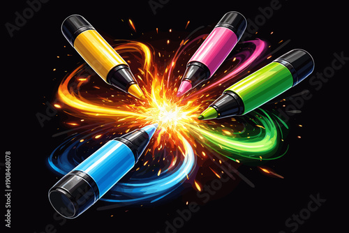 Highlighters spiral into a blazing burst against a deep black backdrop, delivering an unexpectedly striking visual that sharpens a luxurious, cinematic aesthetic