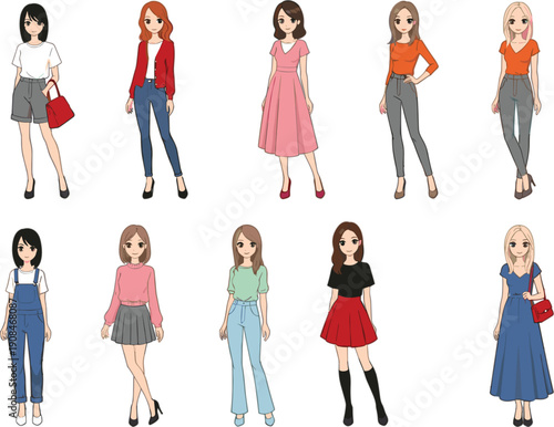 Modern fashionable women character vector illustration set featuring diverse outfits casual clothing dresses and stylish poses for lifestyle blog and fashion design.