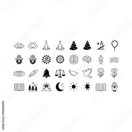 Illustrations of various spiritual and meditation symbols are displayed.