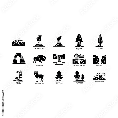 National park icons showcase American landmarks and wildlife in a graphic illustration style.