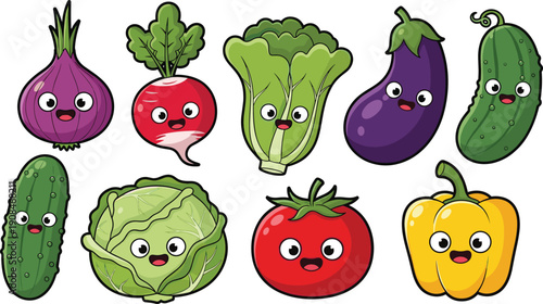Vegetable cartoon illustration set, smiling onion radish lettuce eggplant cucumber cabbage tomato bell pepper colorful playful food theme, vector artwork, childhood and education conce