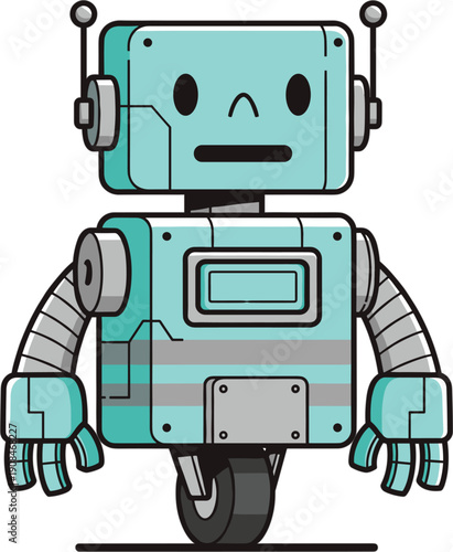 Cute friendly robot character on wheel flat vector illustration for artificial intelligence technology automation future robotics and modern web application design.
