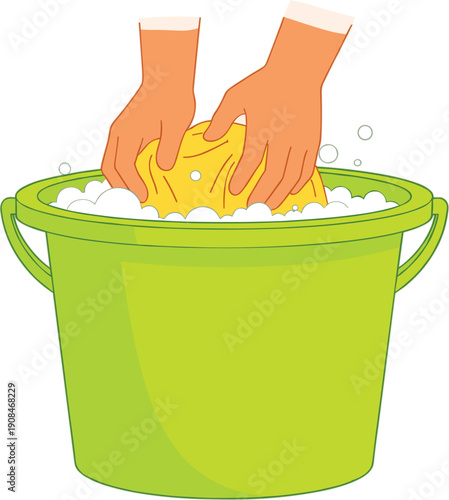 Hand washing laundry in a green plastic bucket with soap bubbles and foam flat vector illustration for housekeeping sanitation domestic cleaning and manual laundry service concepts.