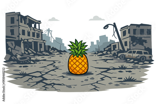 A lone pineapple appears unexpectedly amid a barren cityscape, surrounded by decaying buildings and a cracked, deserted street