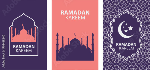 Modern Ramadan Kareem poster design featuring golden mosque arch crescent moon and luxurious arabesque pattern vector illustration
