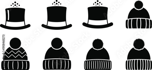 Winter hat silhouette illustration set, eight black icons top hats knit caps pom-poms patterned brims fashion clothing design, vector artwork, seasonal and style theme, isolated background