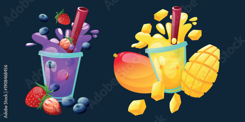  set of two different fruit smoothies in glass bottles with straws and fresh ingredients such as strawberry, blueberry and mango, orange, strawberry.