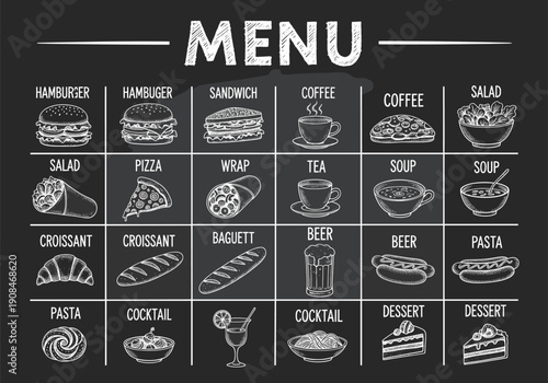 Restaurant food and drink menu set featuring chalkboard style hand drawn icons for hamburger pizza coffee salad sandwich and dessert for cafe branding.