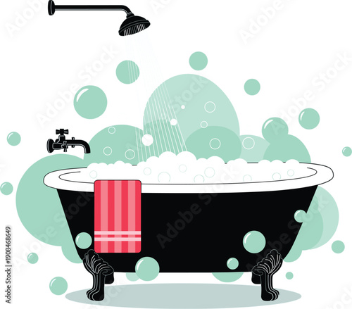 Classic black clawfoot bathtub with soap bubbles and shower head flat vector illustration for bathroom interior hygiene self care and spa relaxation concepts.