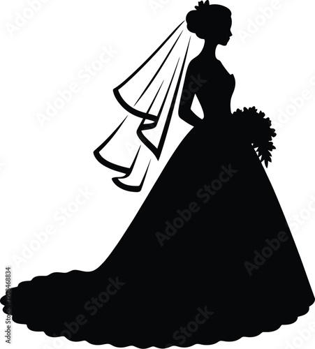 Silhouette of a bride in a wedding dress with a flowing veil