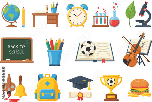 Back to school flat vector illustration set with globe desk clock microscope backpack chalkboard and stationery for education learning and classroom design.