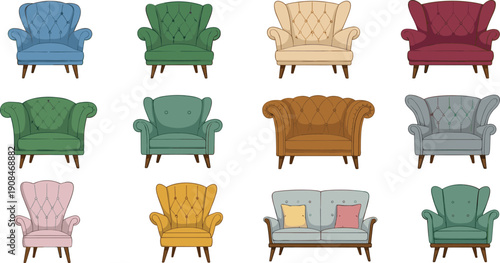 Comfortable Armchair and Sofa Furniture Set with Colorful Upholstered Chairs, Couch Designs, Wooden Legs, and Living Room Seating Cartoon Vector Illustration