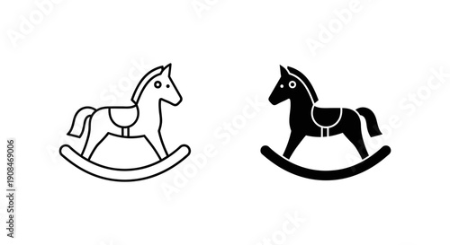 Rocking horse icon in outline and solid black, symbolizing childhood, play, toys, and vintage style