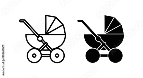 Stroller Icon in Outline and Solid Black Styles for Baby Transportation and Parenthood Graphics