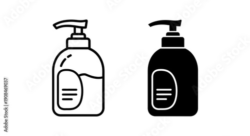 Pump bottle icon for soap or sanitizer, in outline and solid black, representing hygiene and cleanliness