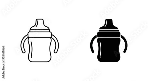 Baby bottle icon with handles, symbolizing feeding, infancy, and childcare. Available in outline and solid black.