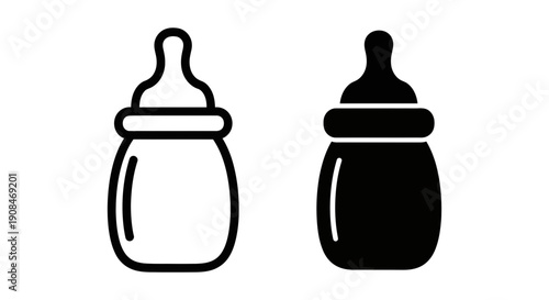 Baby Bottle Icon in Outline and Solid Black Styles for Infant Nutrition and Care Graphics