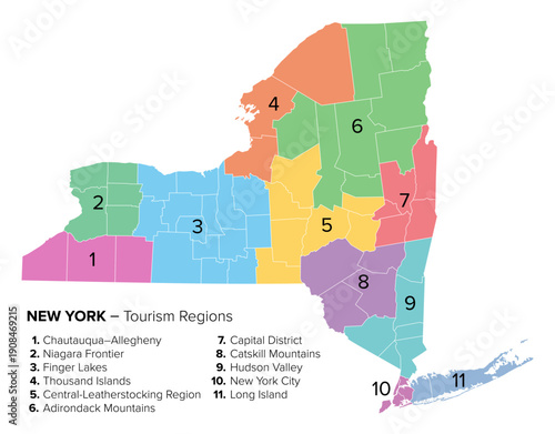 US state of New York, tourism regions, multi colored political map. The counties of New York state can be grouped into eleven vacation regions for tourism purposes. Isolated illustration. Vector