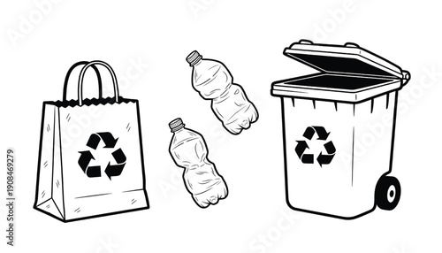 Bottles plastic set with recycling symbols on bag and trash bin featuring eco-friendly, waste management, sustainability with black and white and illustration elements for vector graphics,