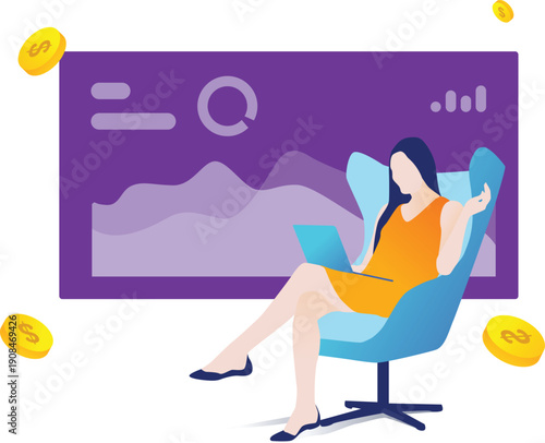 Woman sitting comfortably with a laptop on a chair or sofa working in a modern office room vector illustration