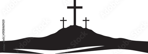 Three crosses on hilltop vector illustration silhouette for religious backdrop design art
