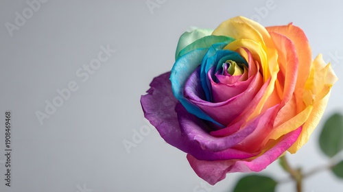 Close-up of a vibrant rainbow rose with petals in multiple colors.
