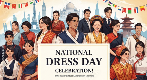 People in traditional clothing celebrate national dress day with cultural buildings