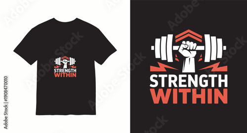 Gym strength within t-shirt design featuring hand lifting heavy barbell with geometric background and motivational slogan