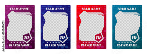 Sports trading card template collection. Vector frames for football, soccer, basketball, hockey and volleyball player photos, modern flyer layout elements on white background