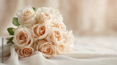 Elegant Bouquet of Cream and Peach Roses on Silky Fabric.