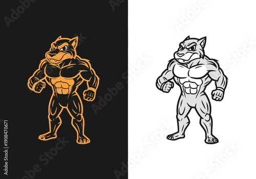 Muscular wolf mascot illustration in orange and gray tones