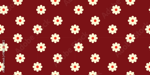 Seamless Floral Pattern with White Daisies and Red Centers on a Deep Burgundy Maroon Background, Retro Autumn Botanical Vector