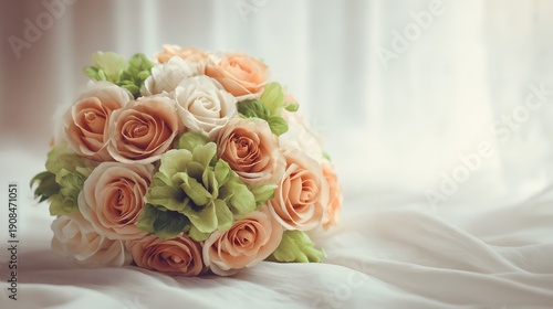 Beautiful Peach and Cream Rose Bridal Bouquet with Green Hydrangeas.